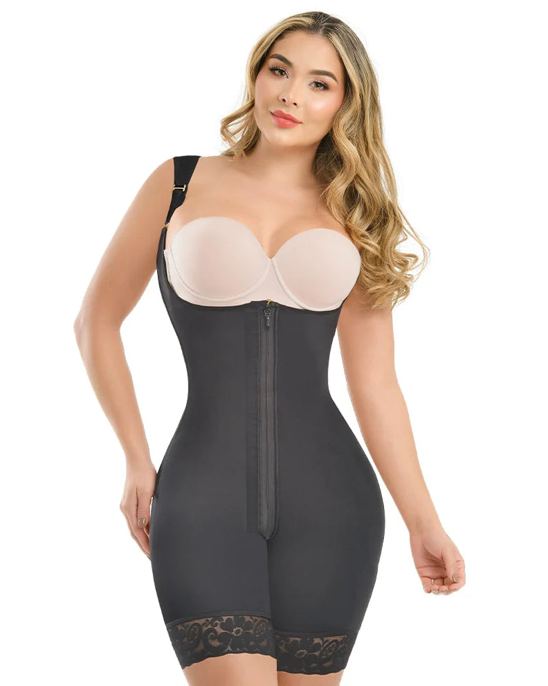 Pretty Girl Curves Perfect Peach Seamless Shaper #1335 black full-body high compression Colombian faja with zipper front and butt lift