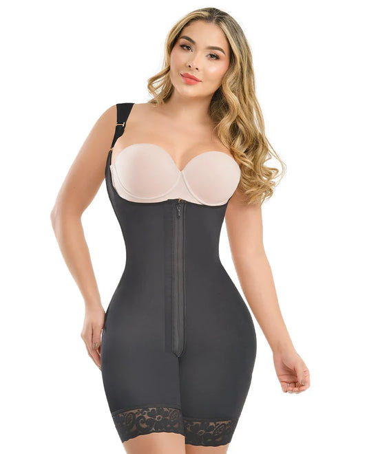 Pretty Girl Curves Perfect Peach Seamless Shaper #1335 black full-body high compression Colombian faja with zipper front and butt lift
