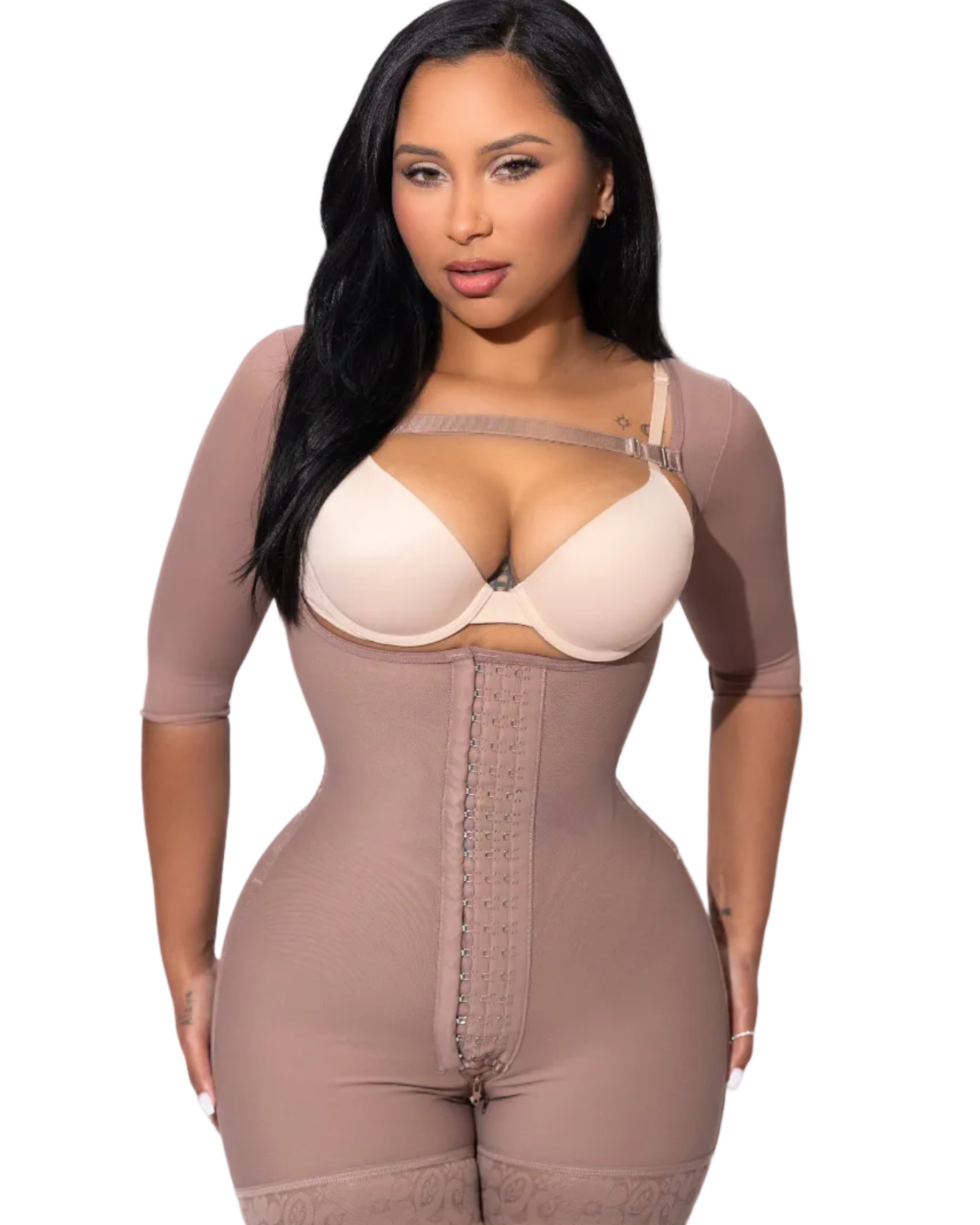 Colombian faja with sleeves featuring front zipper, three levels of hooks, and arm compression design