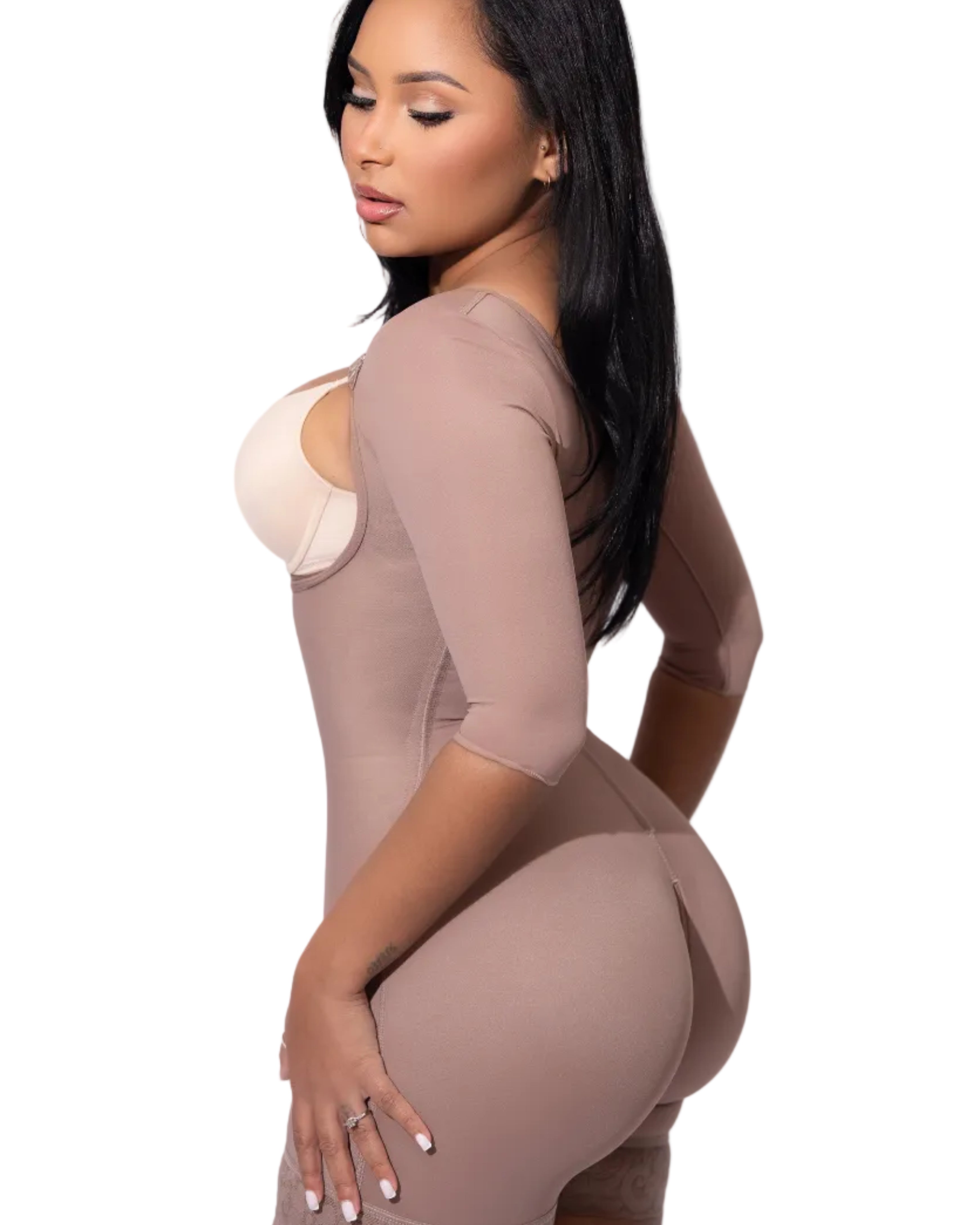 Side view of sleeved Colombian faja showing hourglass waist sculpt and lifted curves with seamless fit