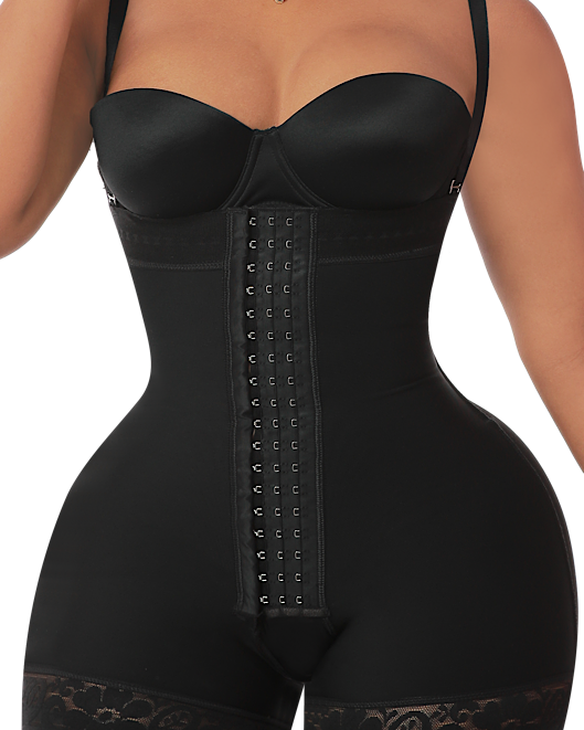 A black strapless seamless shapewear bodysuit with a hook closure, designed to sculpt the waist and enhance the hips.
