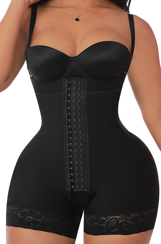 A black strapless seamless shapewear bodysuit with a hook closure, designed to sculpt the waist and enhance the hips.