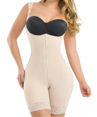 Woman wearing Sculpted Hourglass Full Body Shaper with zipper, mid-thigh design, and adjustable straps – seamless high compression shapewear