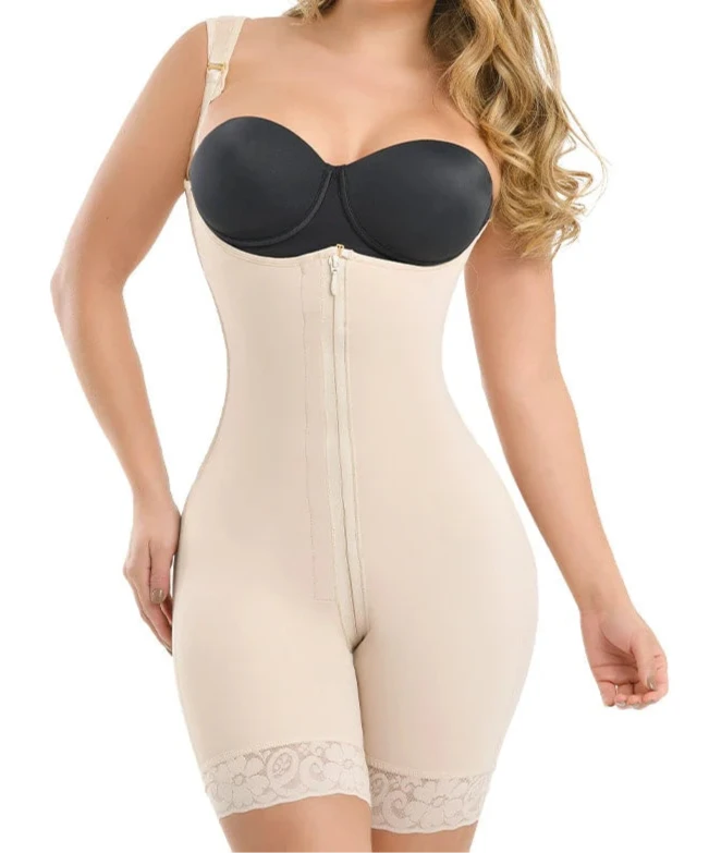 Woman wearing Sculpted Hourglass Full Body Shaper with zipper, mid-thigh design, and adjustable straps – seamless high compression shapewear